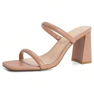 Athlefit Women’s Tan Square Open Toe Two Strap Chunky Heeled Slip On Sandal |NEW